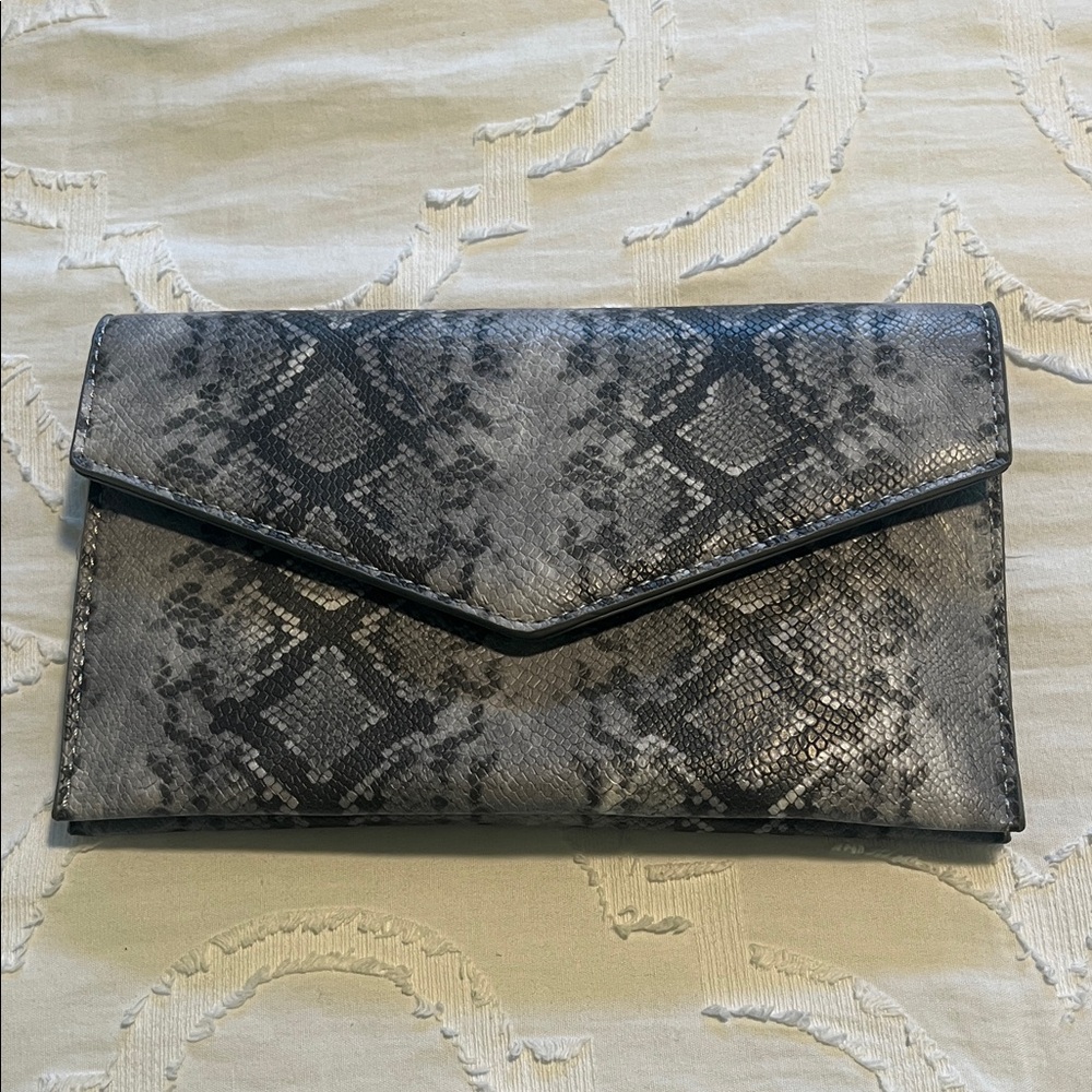 Madison West Faux Snake Pattern Gray Toned Clutch w/ Removable Gold Chain NWOT